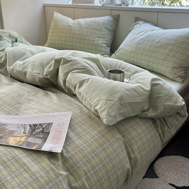 

New Pure Cotton and Linen Double Yarn Four-piece Set Striped Print Single and Double Bed Sheets Bedding 1.2m three-piece set