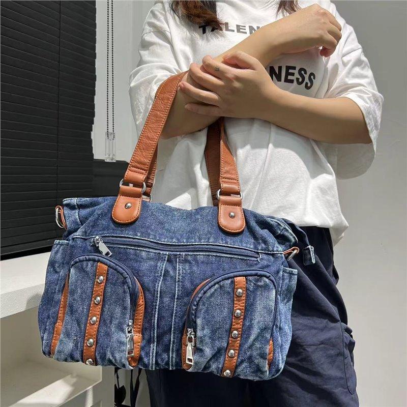 Korean Version Of Retro Multi-Pocket Splicing Washed Punk Denim Shoulder Bag