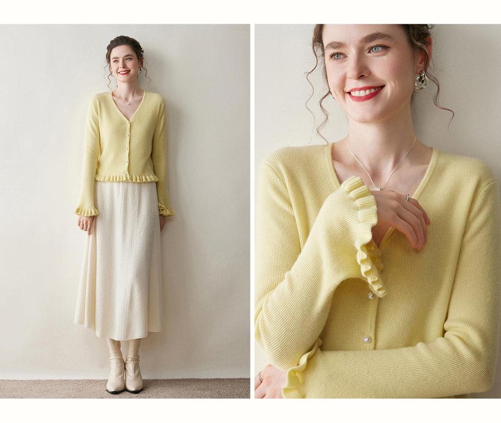 Women's V-neck Ruffle Bell Sleeve Cashmere Cardigan - Soft Knitted Loose Fit Sweater