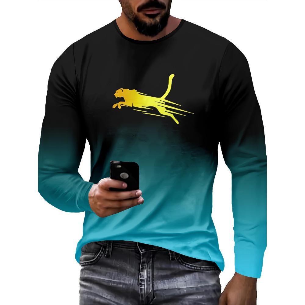 Men's color blocked gradient men's long sleeved round neck T-shirt, casual and comfortable T-shirt