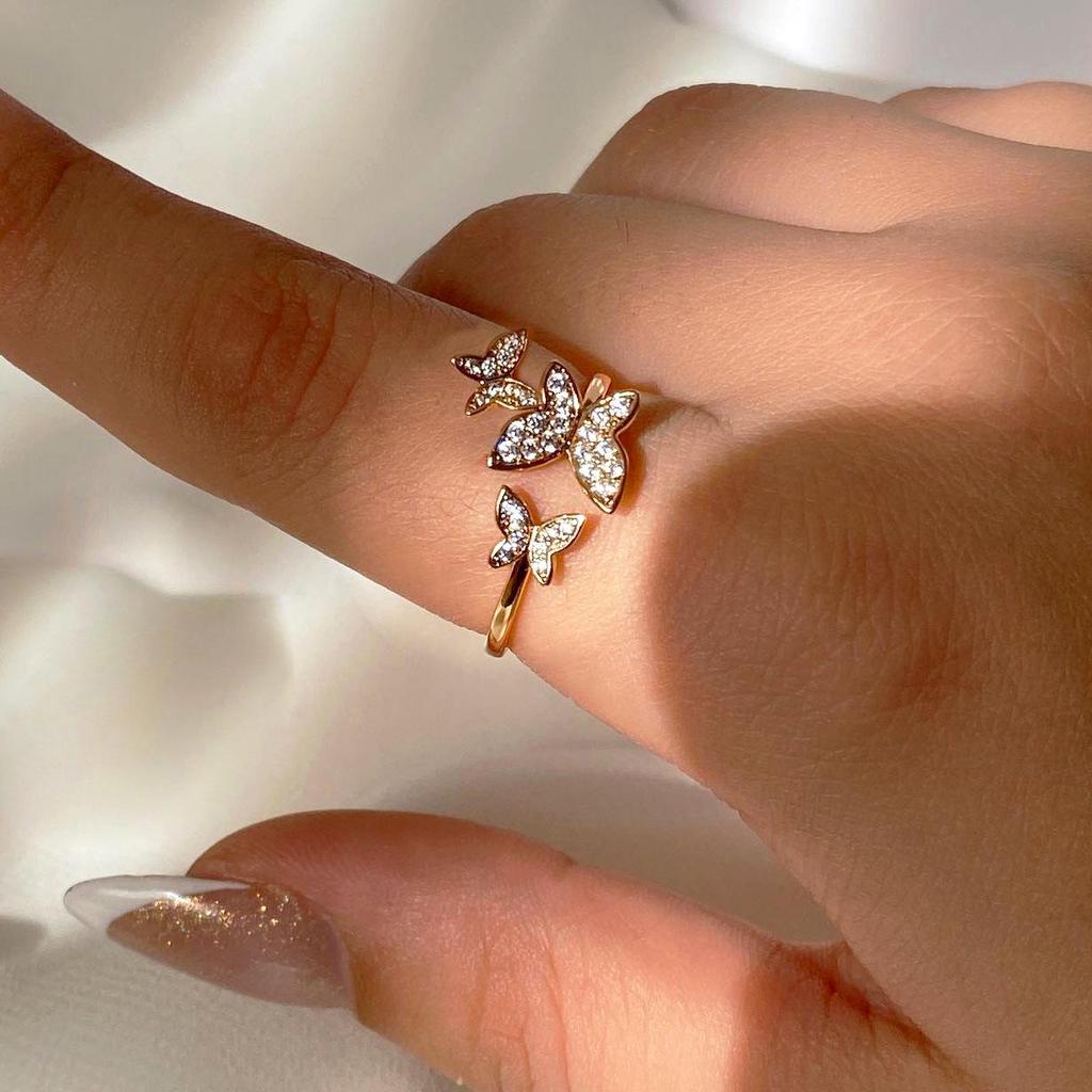 Elegant Geometric Butterfly Ring with Zircon Inlay - Adjustable Double-Layer Design for Women