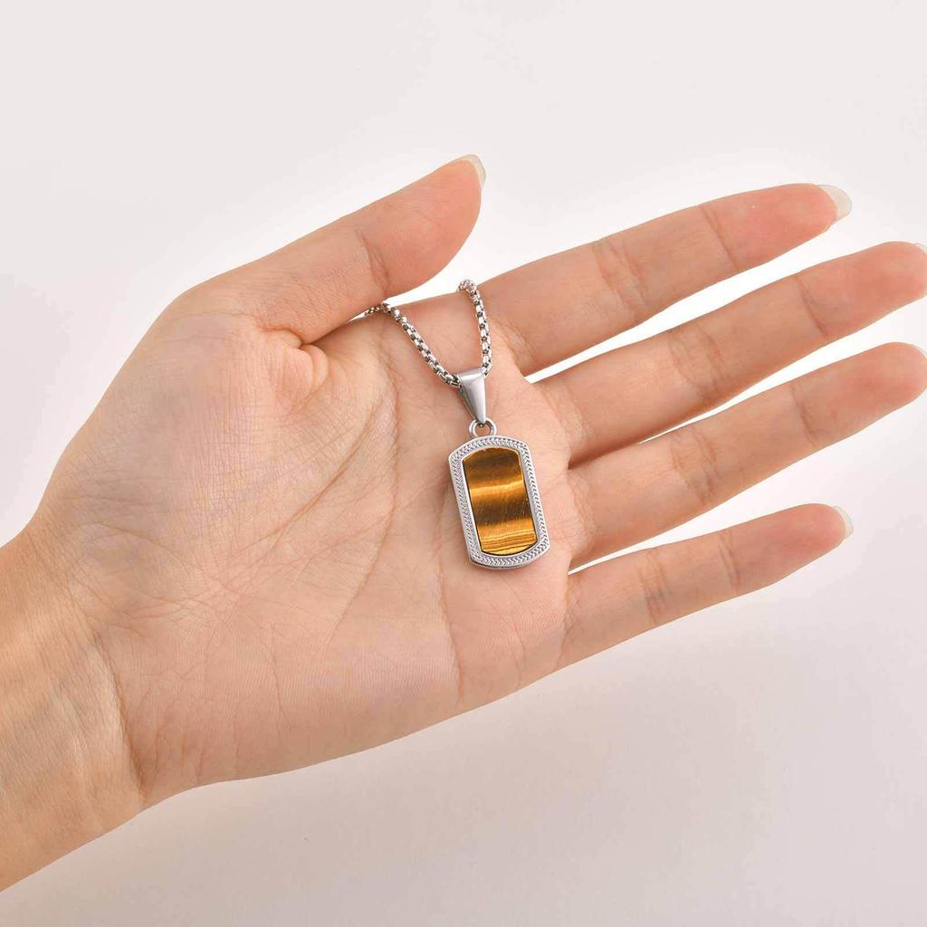 Stainless Steel Hip Hop Tiger Eye Gemstone Square Pendant PN-2162