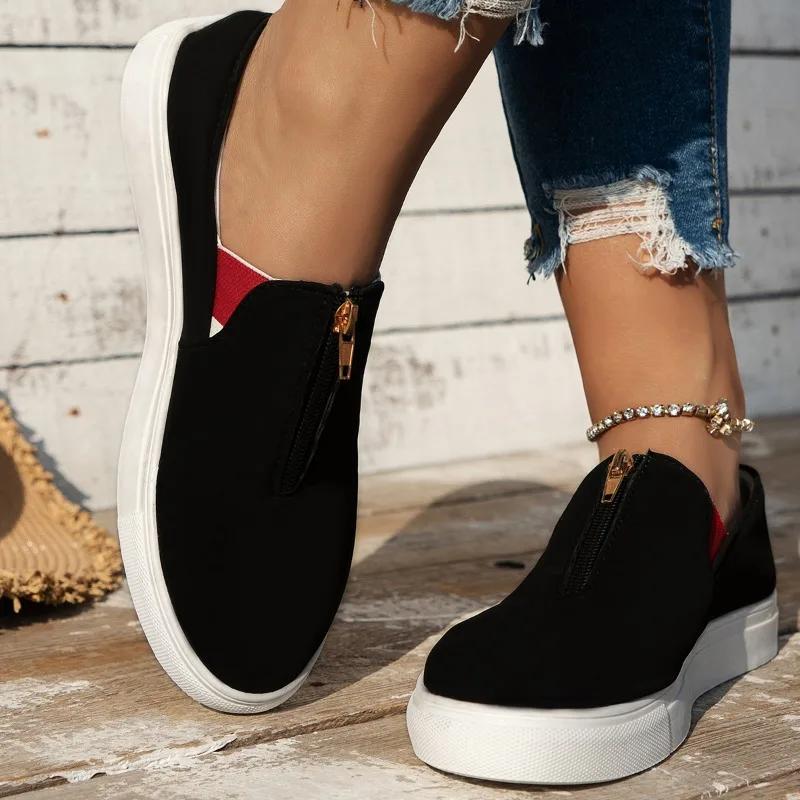 New Style Women Front Zip Sneakers Low Top Canvas Shoes Solid Colour Round Head Non-slip Casual Slip on Loafers Plus Size 36-43