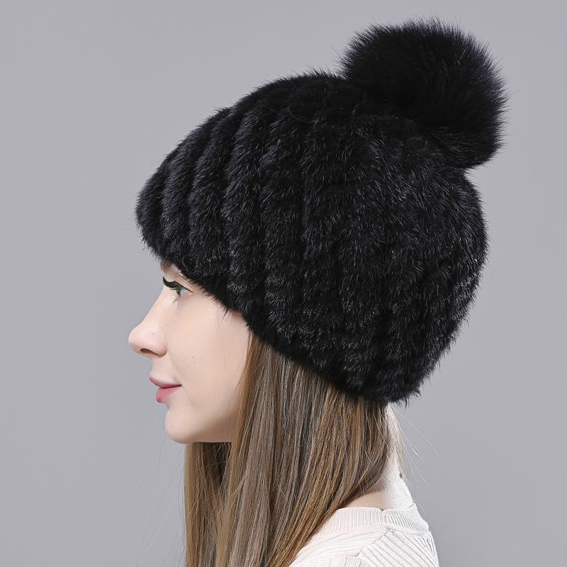 Natural Mink Fur Hats Women Knitted Beanies Woolen Lining Fox Fur Pompom Warm Female Winter Hat