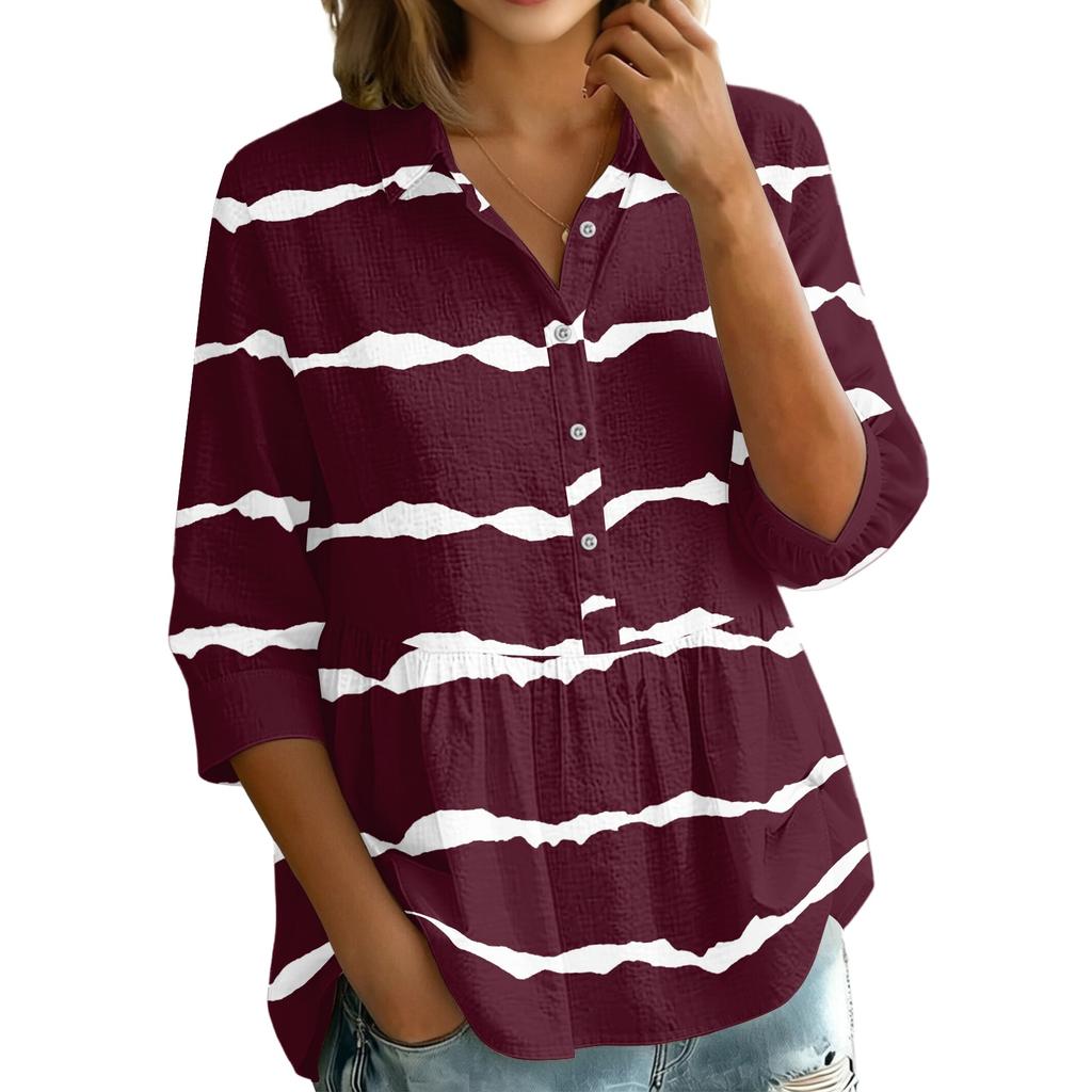 Women's Button Front Notched Collar Striped Print Three Quarter Sleeve Loose Fit Blouse Shirt