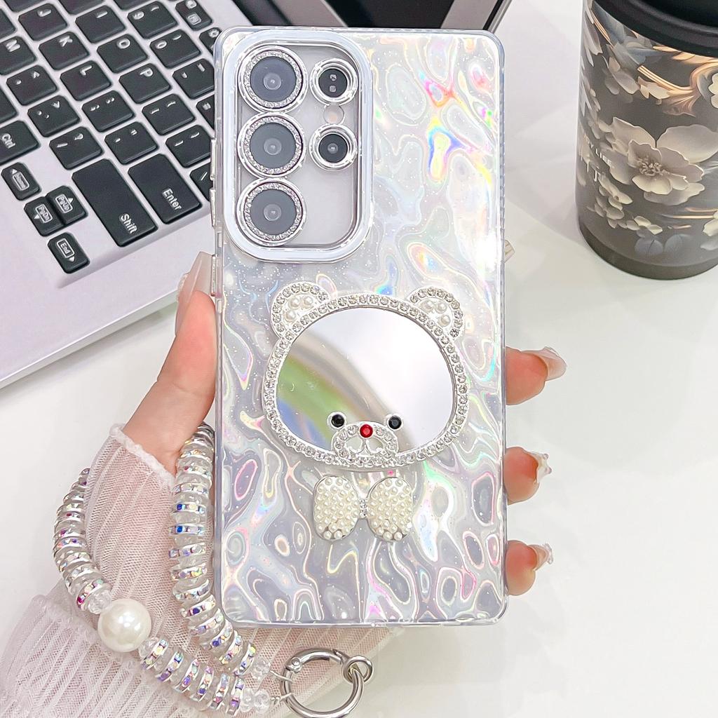 Advanced Wrinkles Suitable for Samsung S25ultra Bracelet Mobile Phone Case S24 Cartoon Mirror A56 Flash Powder Lens Film