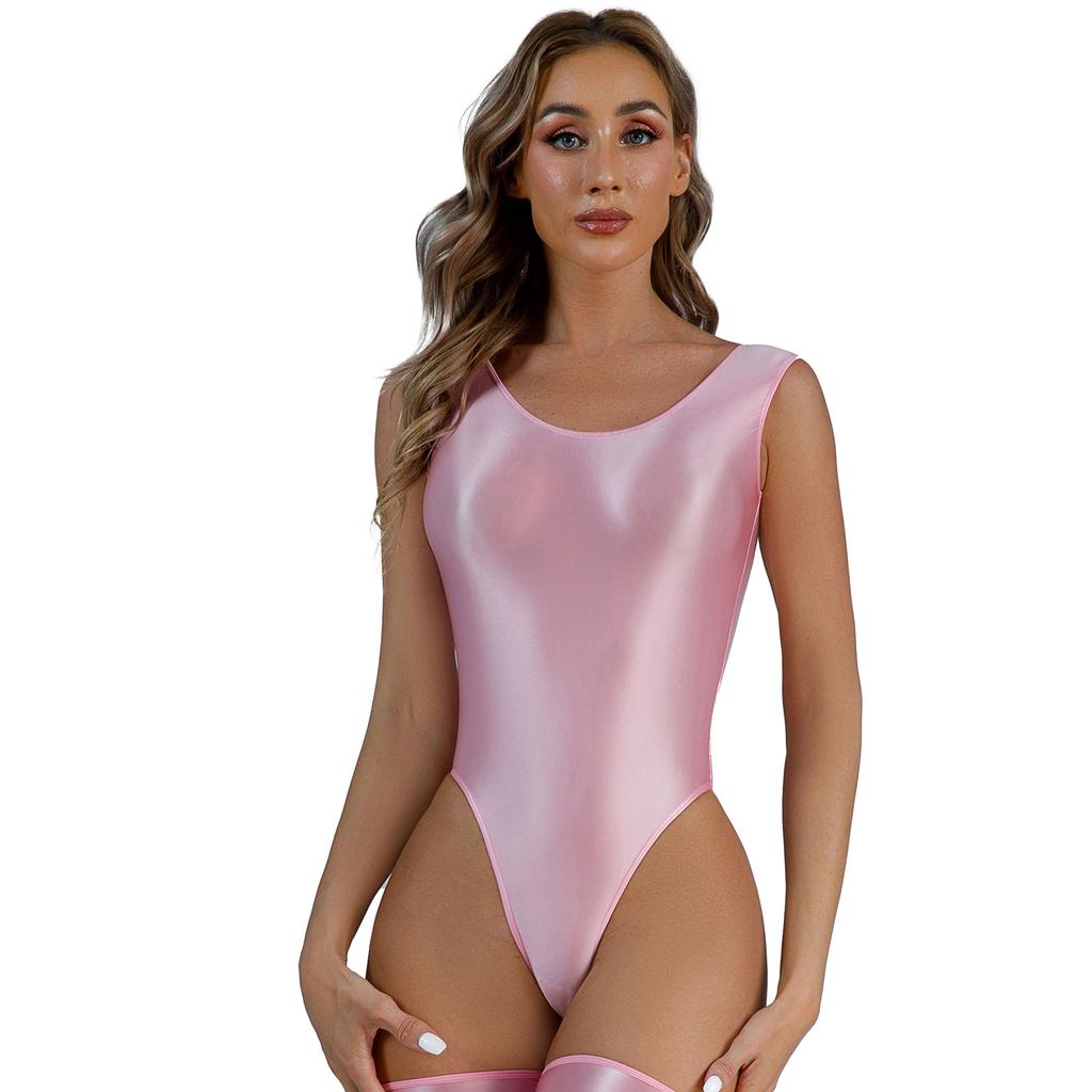 Womens Backless Glossy Bodysuit High Cut Swimwear Sleeveless Leotard for Pool Yoga Sports