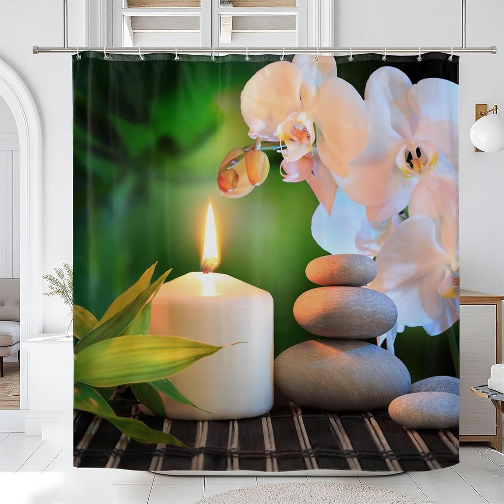 Zen Spa Shower Curtain Black Basalt Zen Stones Japanese Flowers Bamboo Leaves Spiritual Meditation Shower Curtain for Bathroom