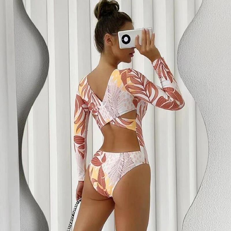 [New Fashion Printed Swimsuit Women] Long Sleeve Jumpsuit Back Cross European and American Hot Sale
