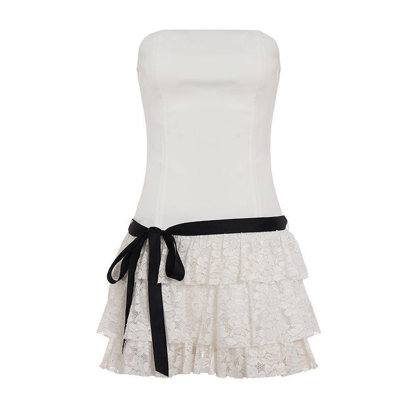 

H Home European and American Women s Clothing Pure Desire Gold Lace Lace Bows Shoelace Strapless Dress Atmosphere Elegant Cake Dress White L