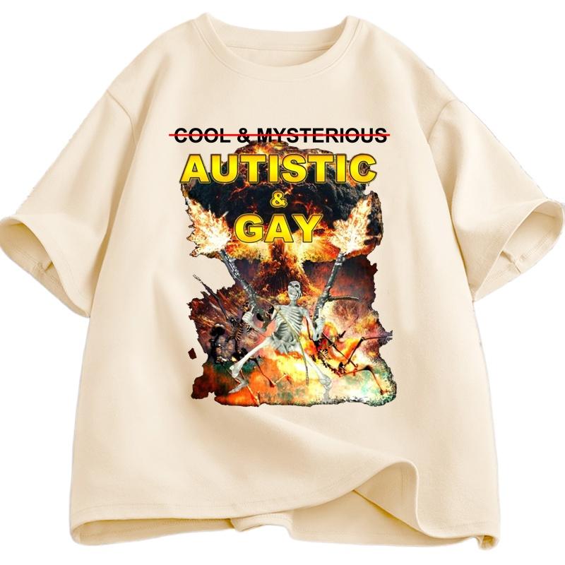 Autistic and Gay Skeleton Explosion T-Shirt Unhinged Graphic T Shirts Cursed Skeleton Autism Meme Men Women Tees Clothes Summer