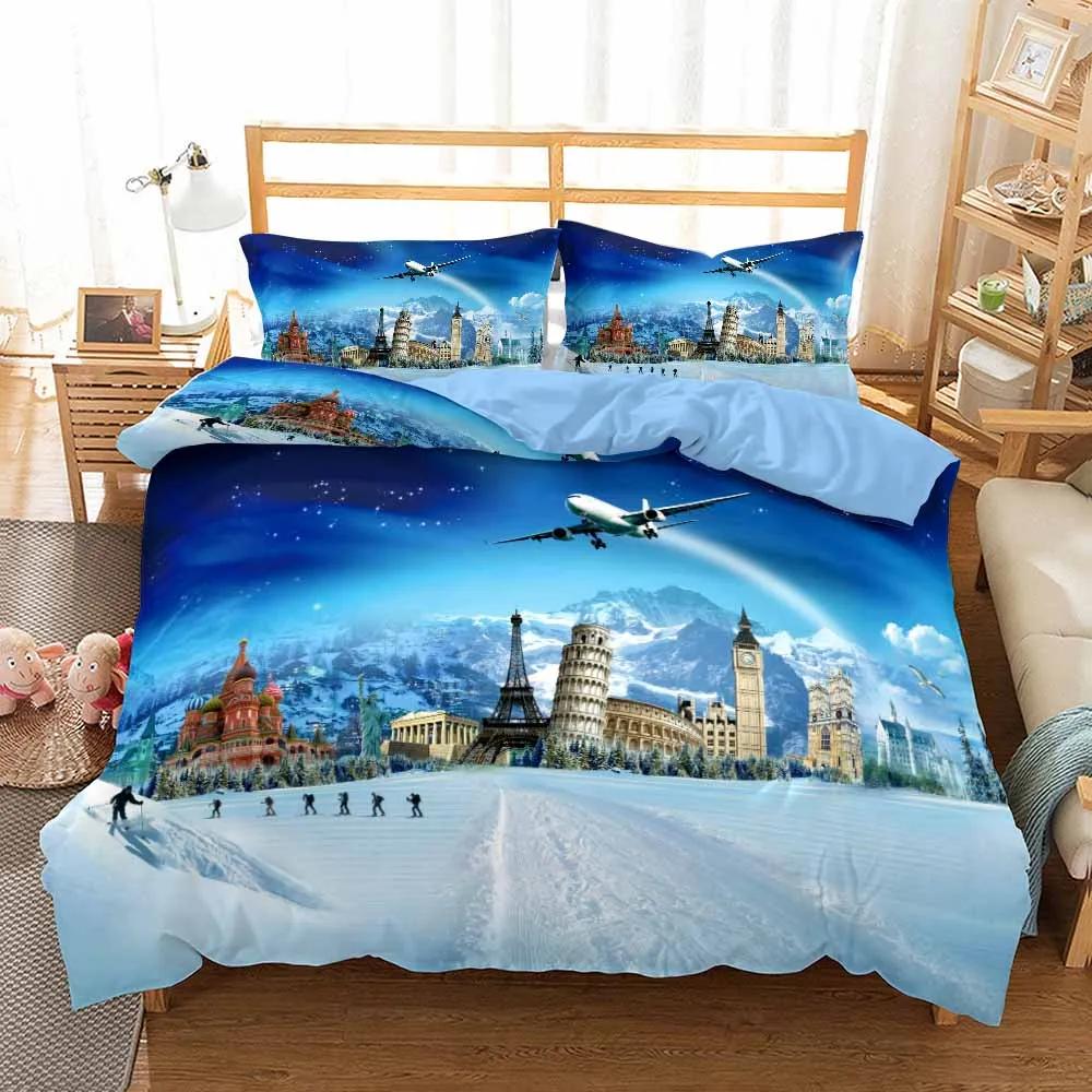Modern Style Bed Cover Sets 2/3pcs Print Travel Scenery King Size Bedding Set Quilt Cover With Pillowcases Bed 100% High Quality