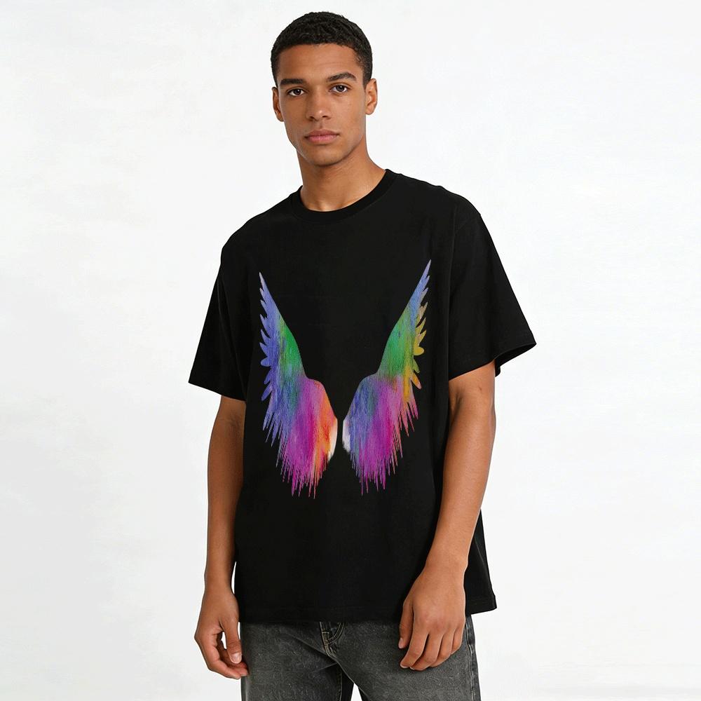 Gradient Watercolor Wings Print Casual Trendy Top Pure cotton T-shirt
