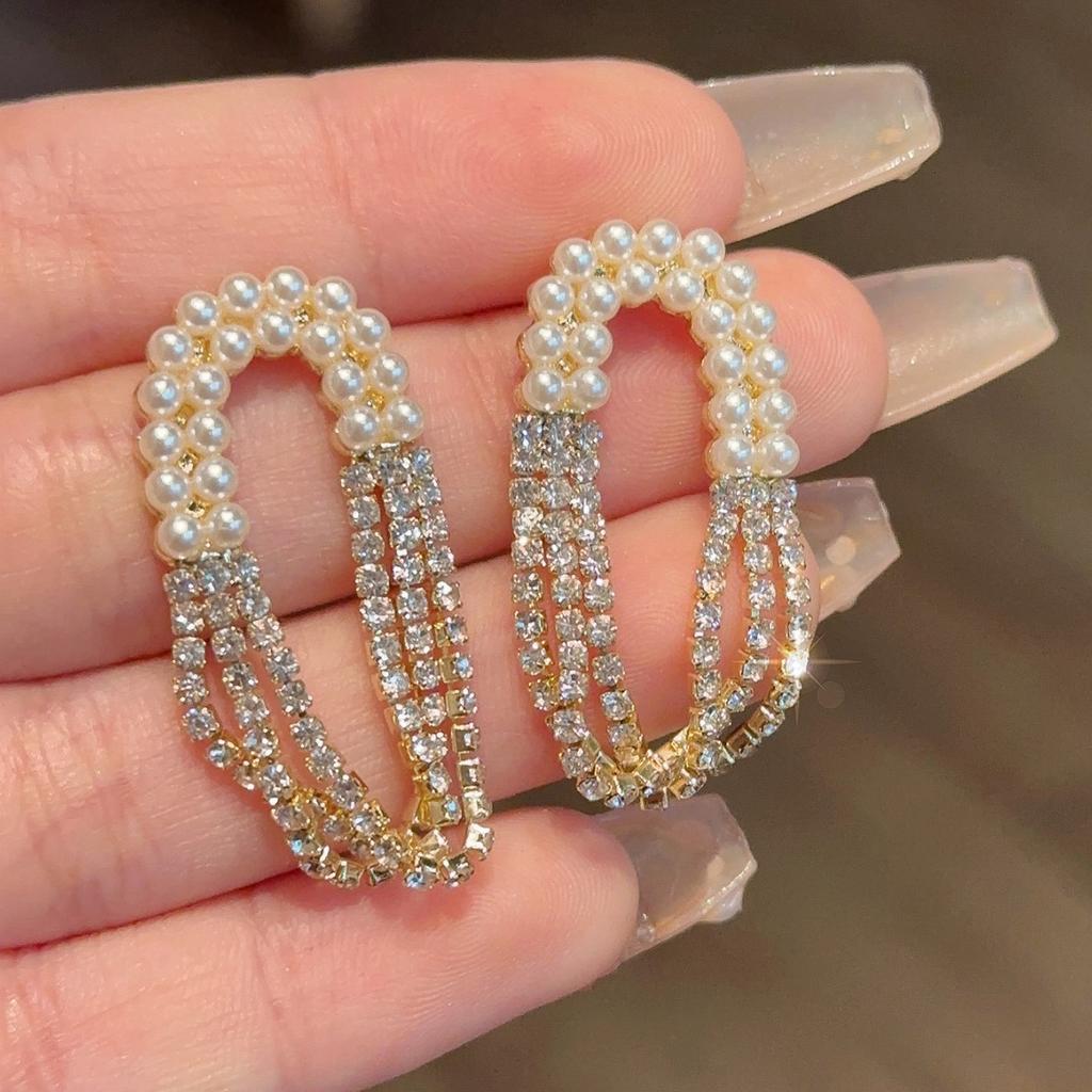 Korean diamond-set pearl oval fringed earrings niche light luxury temperament versatile design stud earrings ear jewelry