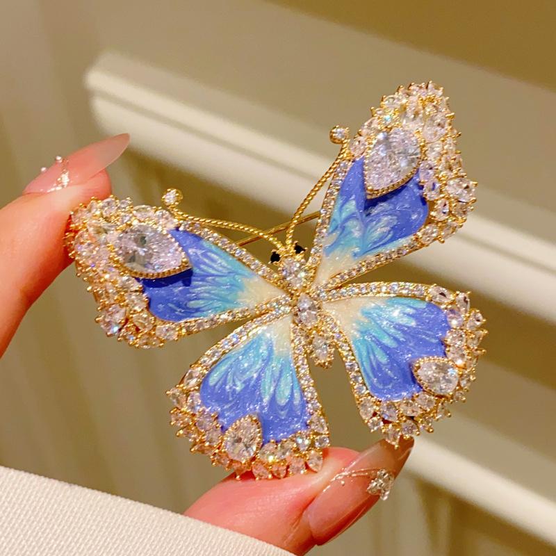 Xiliangfeizi Luxury Gold Plated Environmental Pear-Shaped Zircon Set Butterfly Brooches Enamel Pins-Women's Party Gift