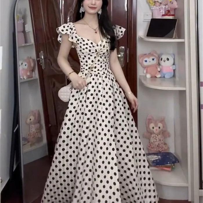 

2026 French Style Polka Dot Pleated Waist Long Summer Dress Small