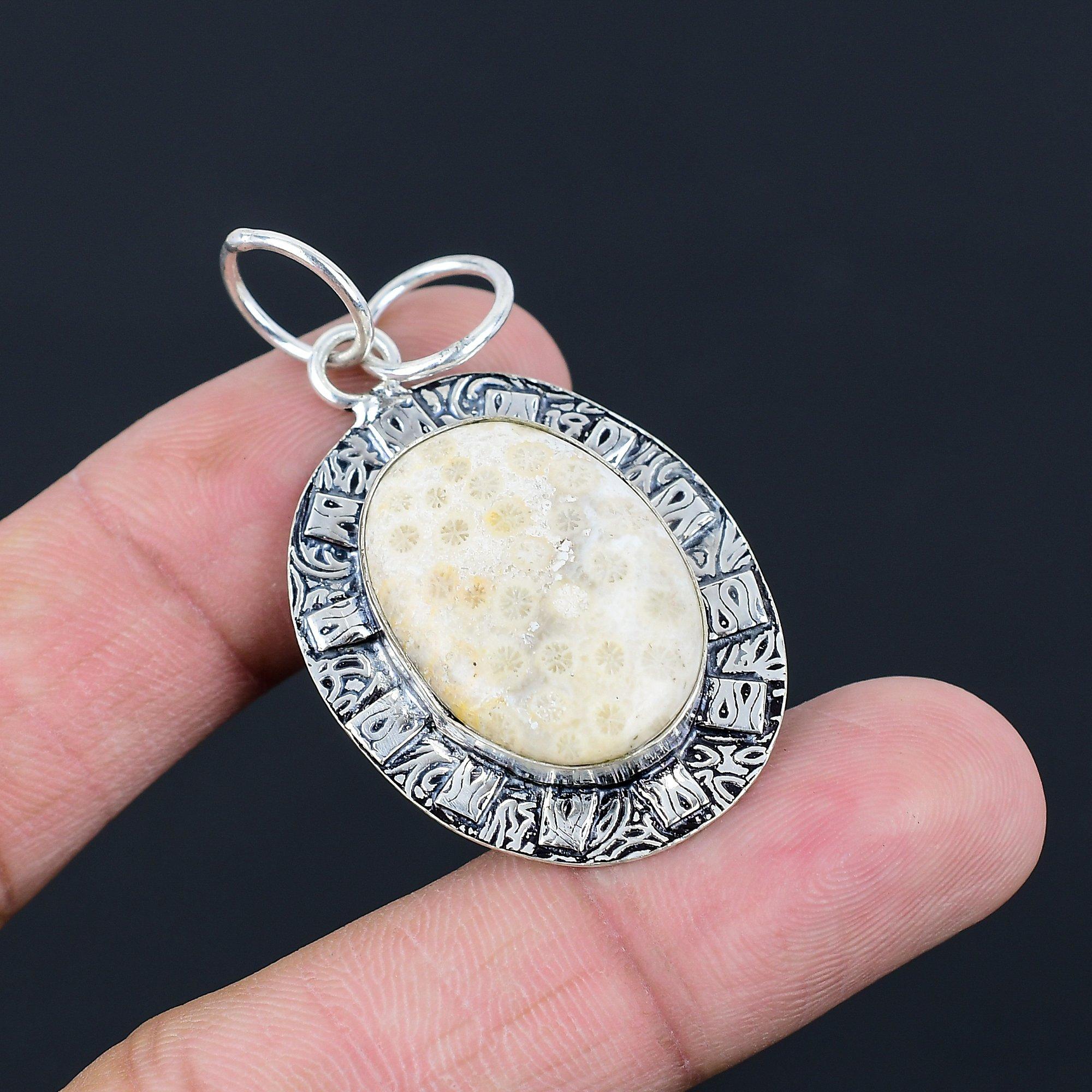 

Oval Fossil Coral Gemstone Art Deco Root Chakra Boho Pendant Jewelry 925 Silver