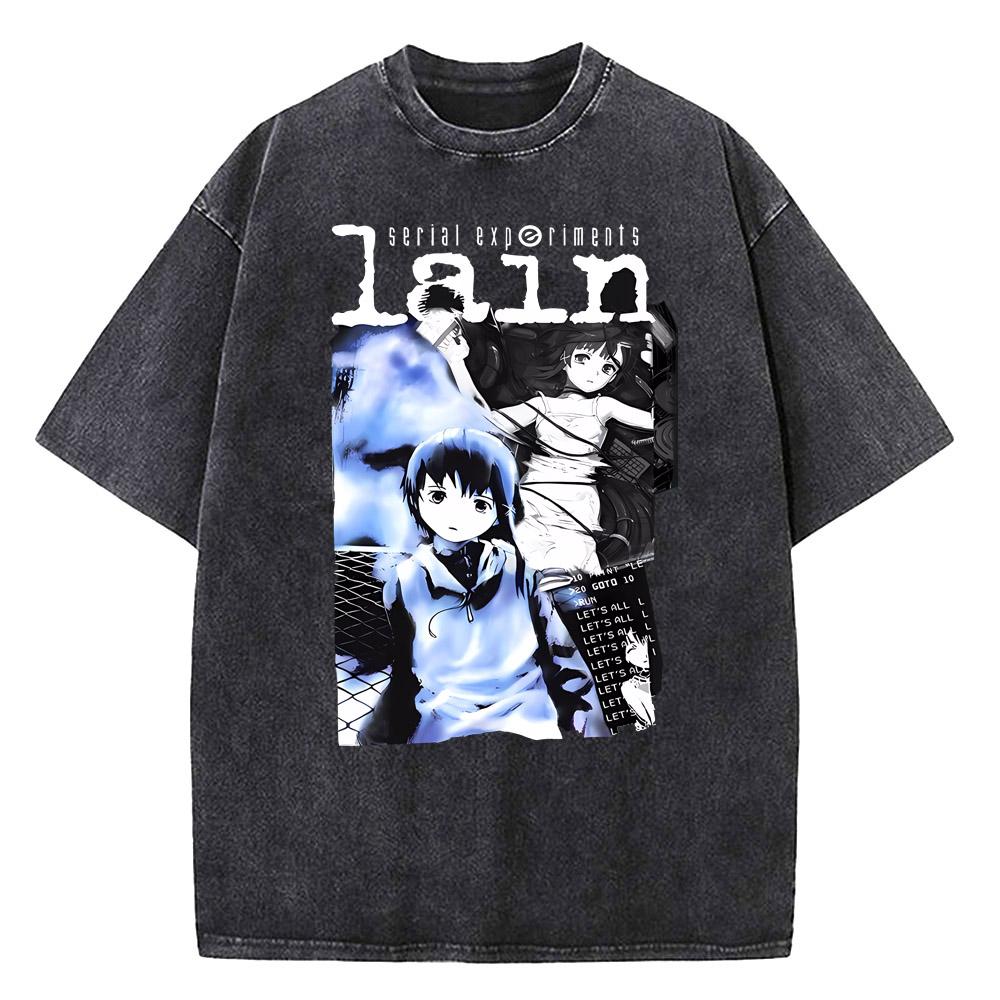 Japanese Anime Serial Experiments Lain Vintage Washed T Shirt Men High Quality Cotton Manga Short Sleeve Fashion T Shirt Women