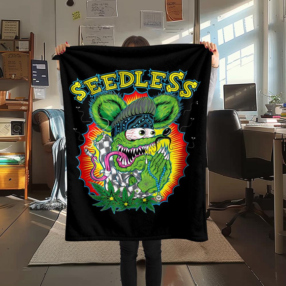 1PC Rat Fink Print Flannel Blanket, High Quality All Seasons, Home Decor, Warmth and Comfort, Perfect for Christmas Gifts