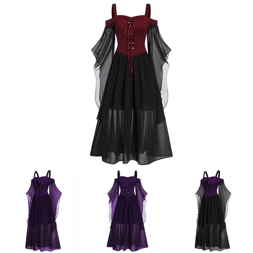 Halloween Witch Dress Gothic Medieval Cosplay Costume Off Shoulder High Quality Polyester Fabric