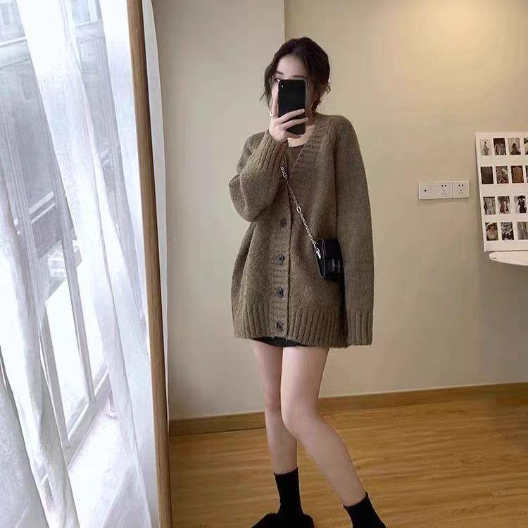 Hong Kong Flavor Lazy Wind Knitted Cardigan Autumn and Winter New Medium and Long Loose Soft Waxy Women's Sweater Jacket Women