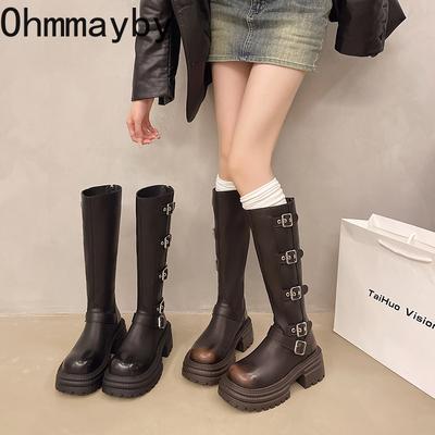 Invierno Plataforma Mujer Botas Hasta la Rodilla Moda Plataforma Tacones Gruesos Caballero Botines Largos Hebilla de Cinturón Zapatos de Dama