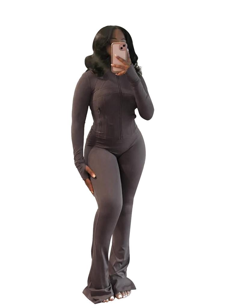 HR24057 Women's Sexy Long Sleeve Flare Two-Piece Sports Casual Set