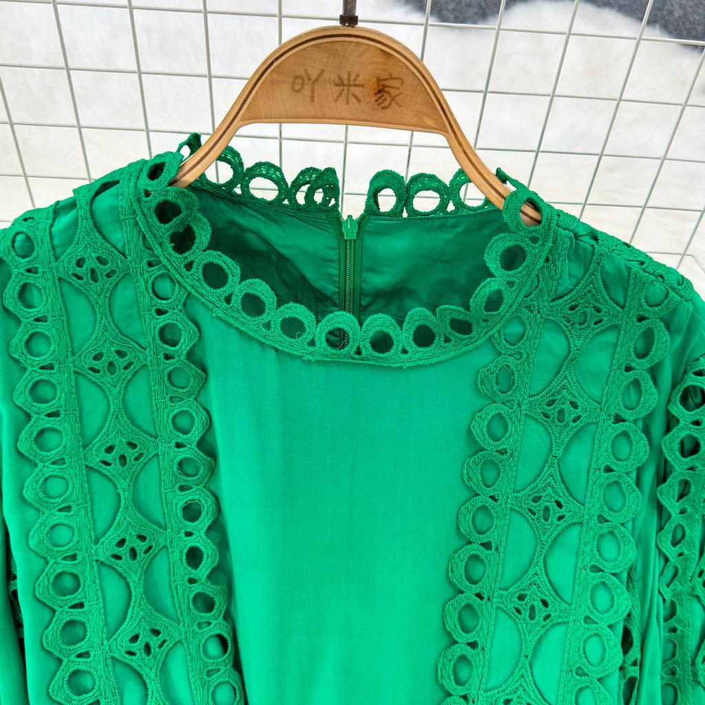 Court Style Elegant Dresses for Women Crochet Lace Hollow Out O-neck Lantern Sleeve Female Vestidos A-line Belted Dress Dropship