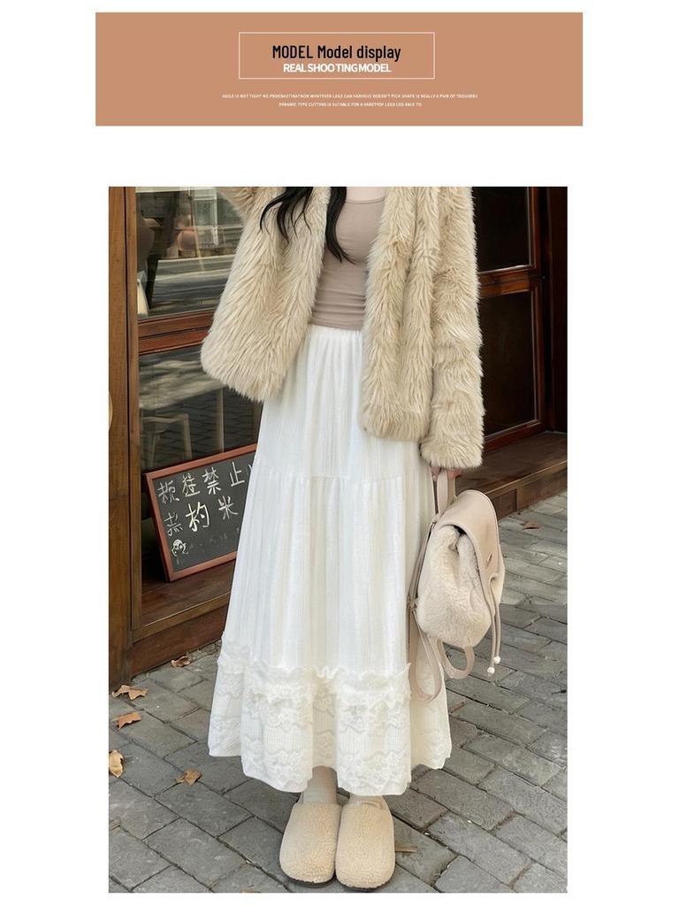 Women's White Lace High-Waist A-Line Long Skirt - Fluffy, Plush, Perfect for Spring & Autumn