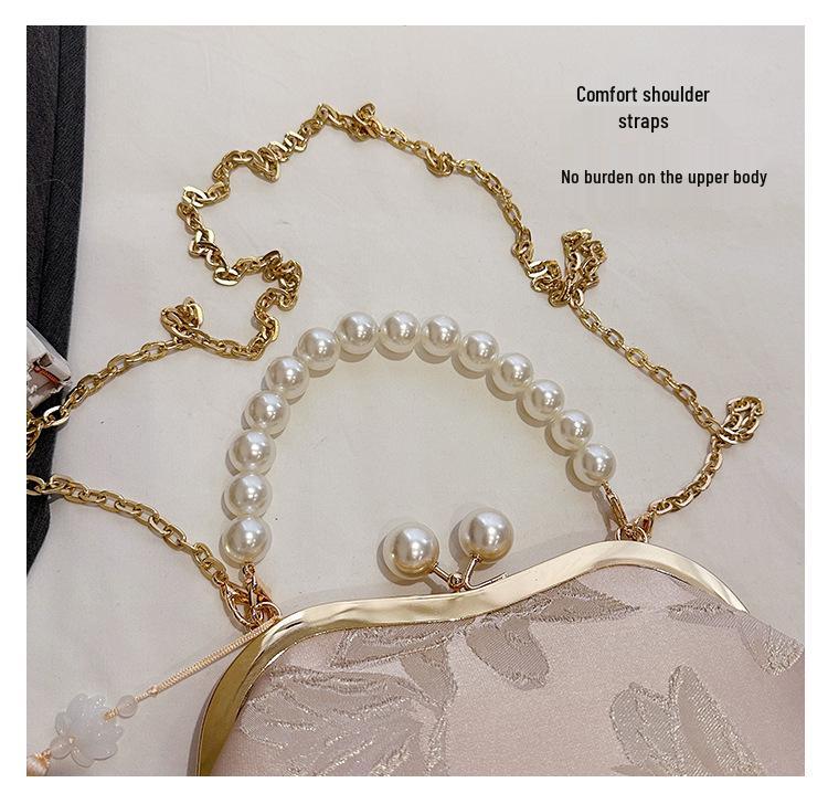 2026 Women's Crossbody Evening Bag with Chain Clasp - Textured Qipao Embroidery & Pearl Design