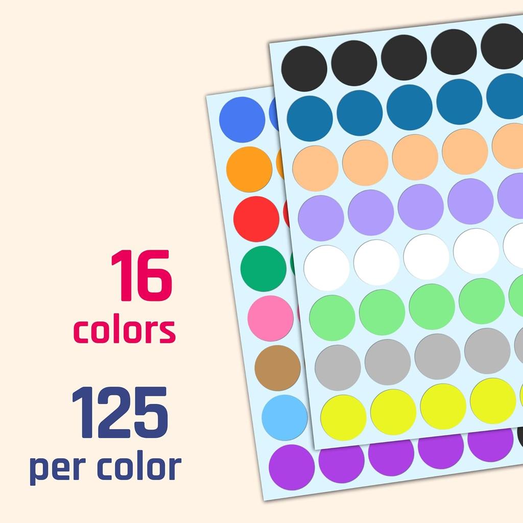 2000 Pieces, 1 inch - Colored Dot Circle Stickers, Garage Yard Sale Price Labels, Color Coding Round Sticker Dots - 16 Assorted Colors
