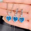 Colar & Brincos Prateados com Pingente Longo de Coração Azul com Strass e Cristais Completo Elegante Conjunto para Noiva