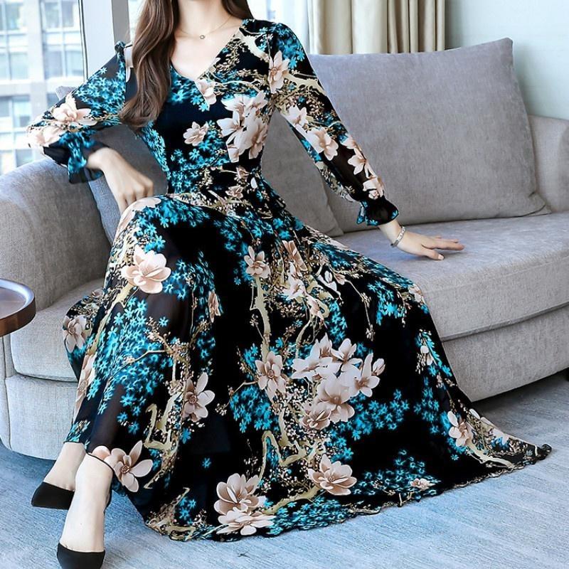 Langermet V-halskjole Kvinner Høst Slim Fit Lang A-linje stort skjørt