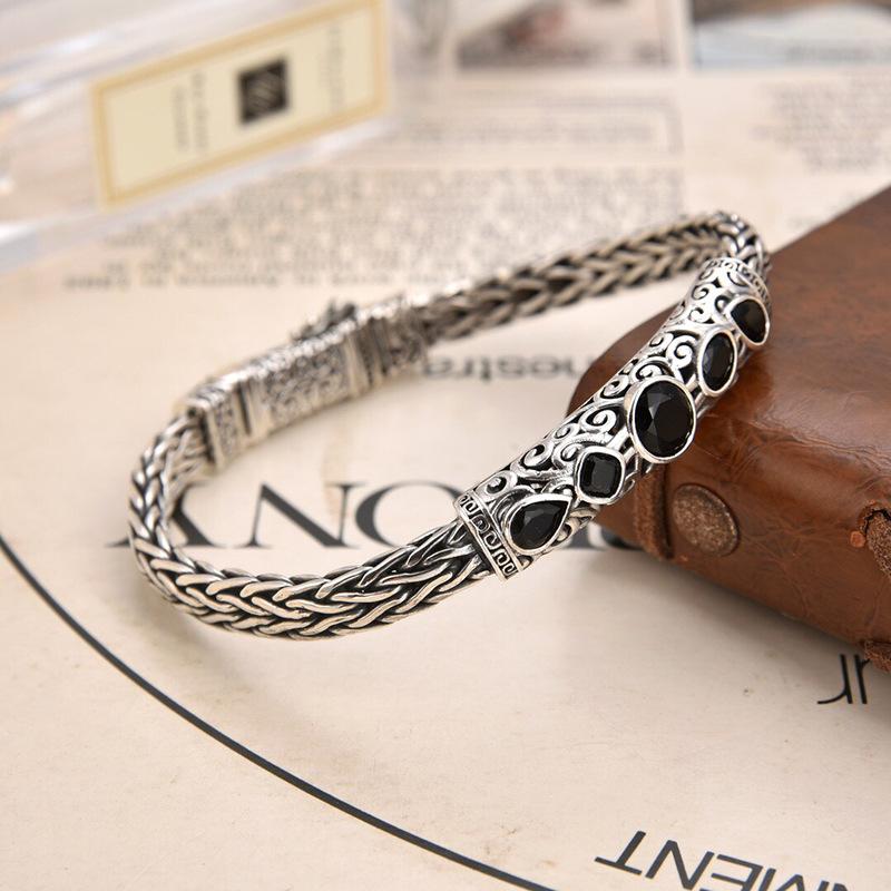 2026 Silver Country Trendy Black Diamond Men's Woven Fashion Retro Bracelet