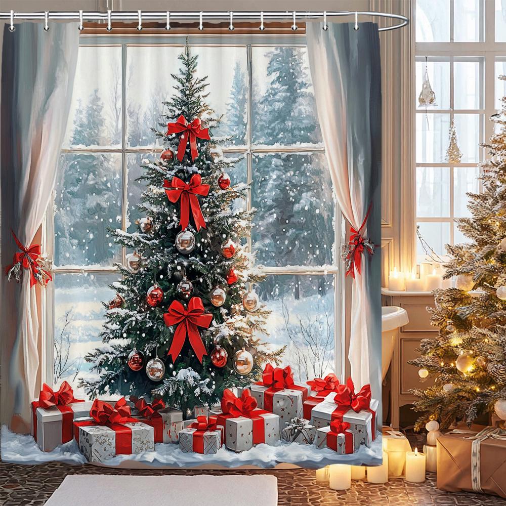 Christmas Santa Claus Snowman Printed Bathroom Shower Curtain with Hooks , Printed fabric for Home Holiday Decoration Curtain