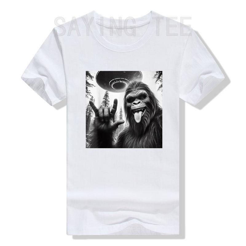 Funny Sasquatch Bigfoot Rock on Selfie with UFO Alien T-Shirt Humorous Father's Day Daddy Gift Short Sleeve Awesome Saying Tee