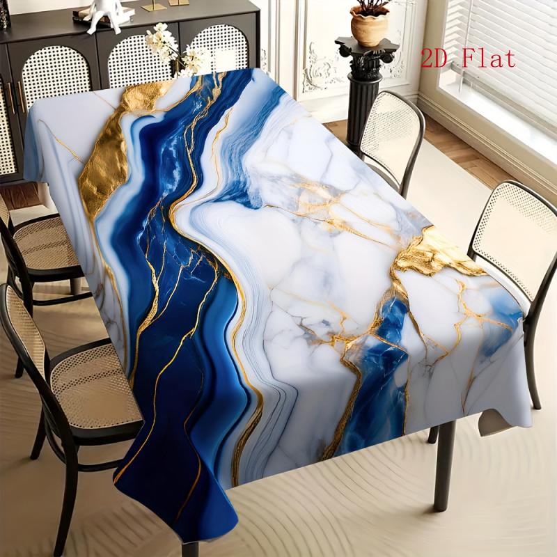 2D Flat 1pc-blue and White Marble Pattern Tablecloth with Golden Lines, Enhances the Texture and Taste of the SpaceFashionable Tablecloth, Suitable fo