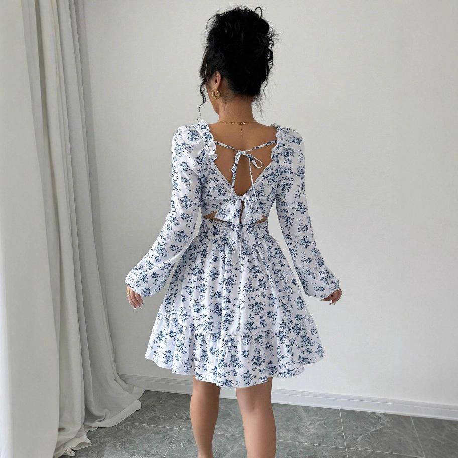 2026 Autumn Evening Party Festival Dresses Elegant Puff Sleeve Backless Flower Print Sexy Back Bow Bodycon Mini Prom Dress Women
