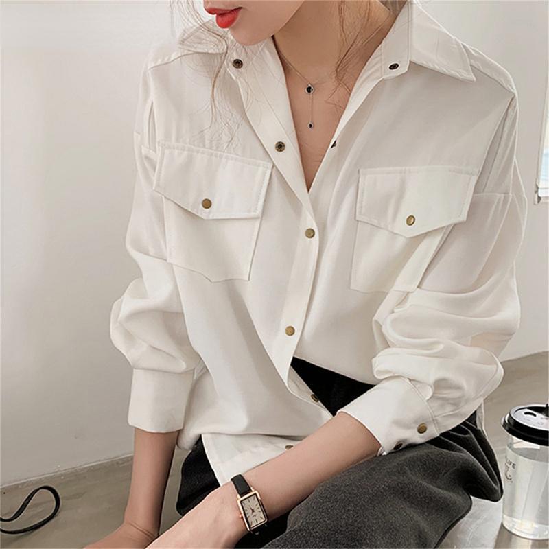 2022 Bílá elegantní košile s knoflíky pro ženy podzimní novinka s volným dlouhým rukávem halenka na opalování bunda dámské vintage topy blůzy Mujer