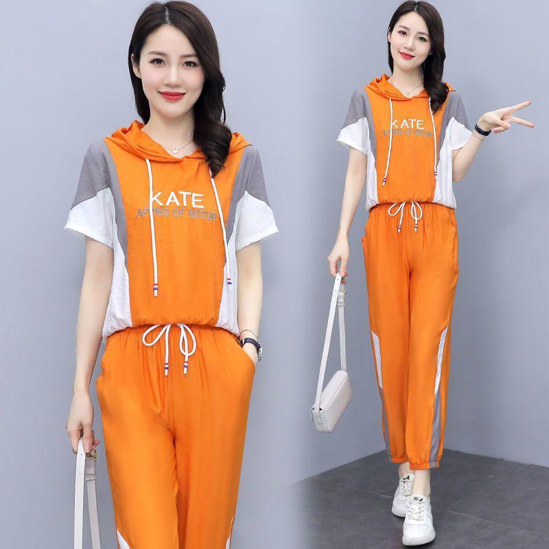 

Fashion Set Summer Plus Size Women s Style Temperament Hooded Short-sleeved Casual Pants Two-piece Set 4XL помаранчевий