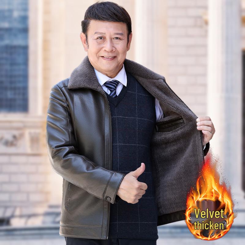 Men's 50+ Velvet-Lined Leather Jacket for Winter, Suitable for Middle-Aged & Elderly