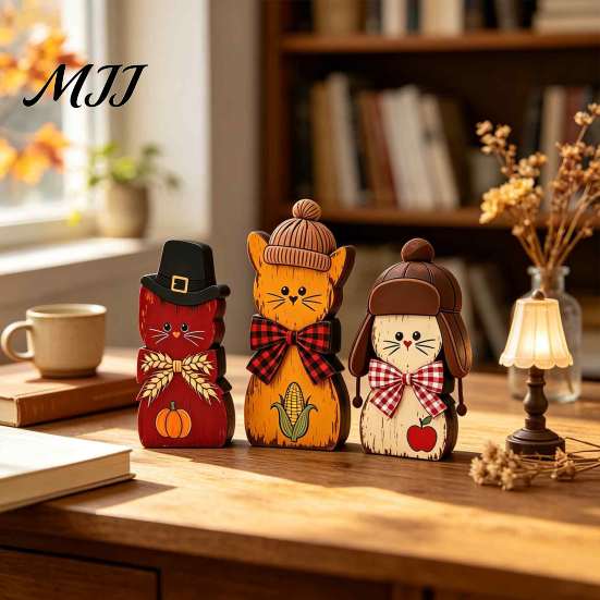 2D Flat Cat Ornaments 3Pcs Christmas Wooden with Hat and Bow Tie, Decorative Decor Thanksgiving Tabletop Figurines, Cute Desktop Decoration
