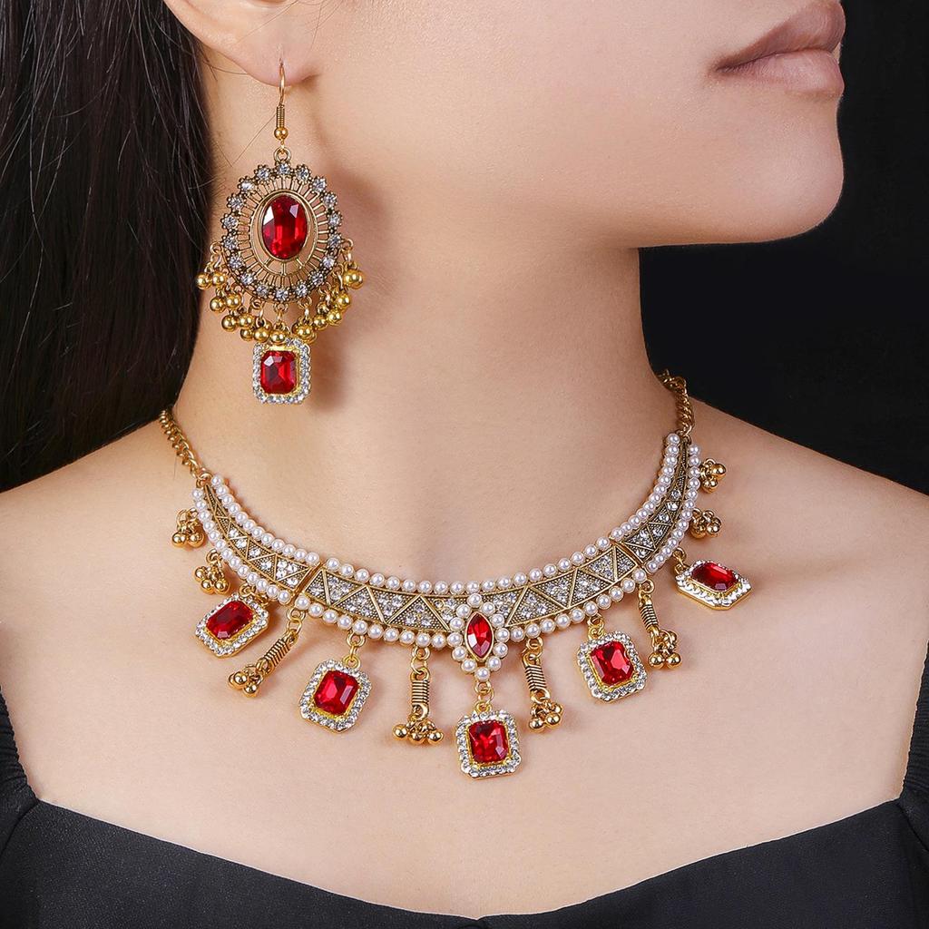 Retro Indian-Style Rhinestone Necklace & Earring Set with Tassel Clavicle Chain