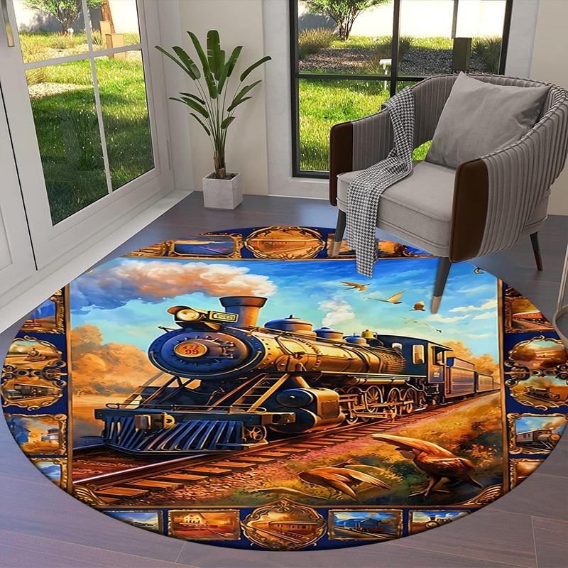 1PC Train Non-Slip Floor Round Carpet, Office, Family, Bedroom, Large Area Rug Indoor Rugs,  Durable PolyesterH0400