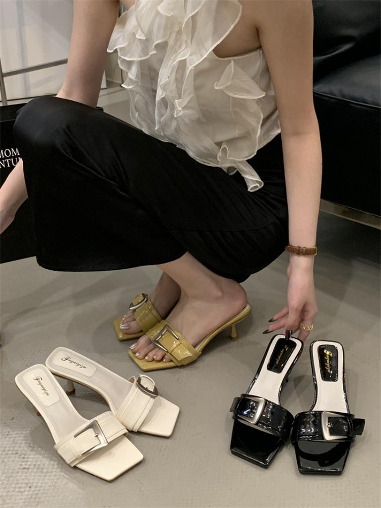 Fashion Patent Leather Buckle Design Brand Slippers Women Fashion Open Toe Thin Heel Slide Sandals Elegant Comfortable High Heel Sandals