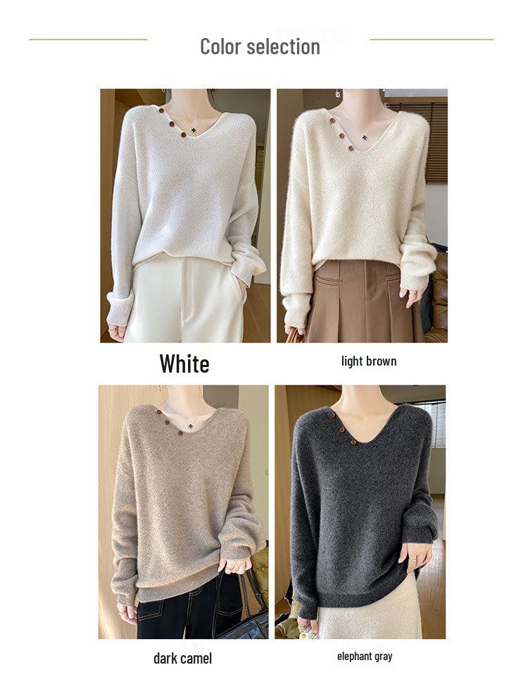 Women's V-Neck Cable Knit 100% Wool Sweater - Autumn Winter Solid Color, Loose Fit, Long Sleeve, Lazy Style, Base Layer.