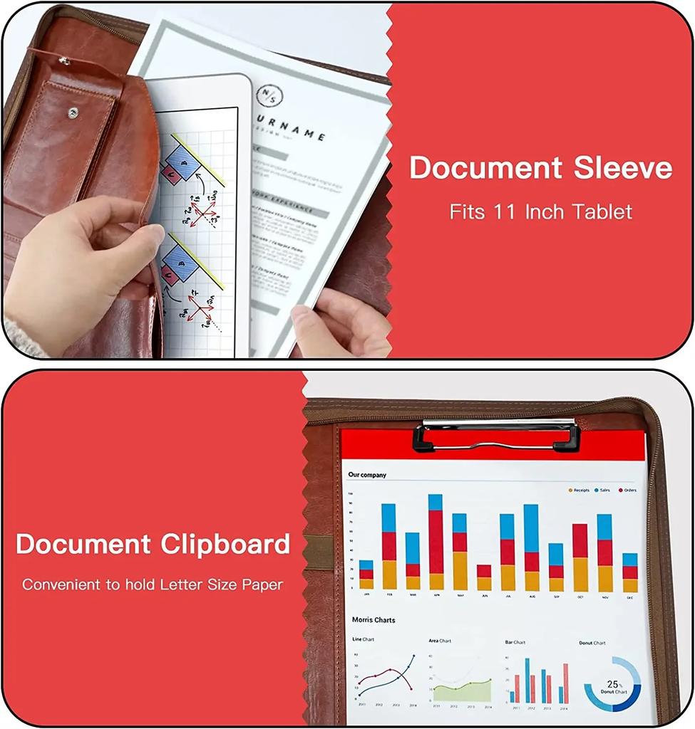Zippered Padfolio Organizer Leather Planner Binder 10.2 Inch Portfolio Folder for Documents Letter Size Business Card Holder