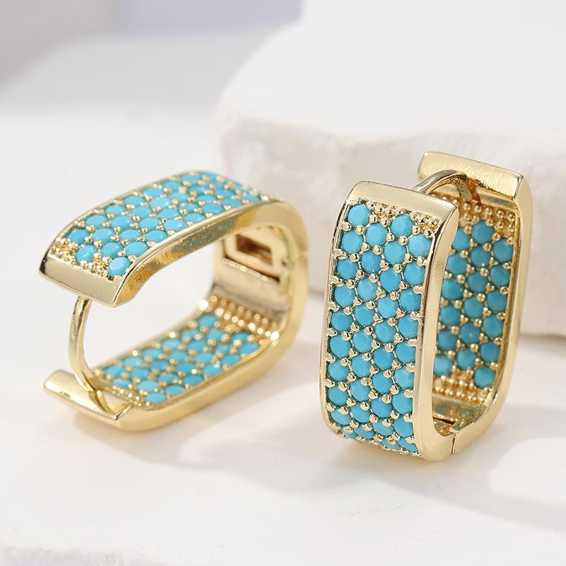 Creative Women's Full Inlaid Synthetic Turquoise Hoop Earrings Women's Retro Geometric Golden Plated Jewelry Accessories