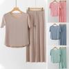 2Pcs Set Womens Pajamas Ice Silk Seamless Soft Breathable Homewear Short Sleeve Top and Elastic Waist Wide Leg Pants Solid Color Loose Lounge Set