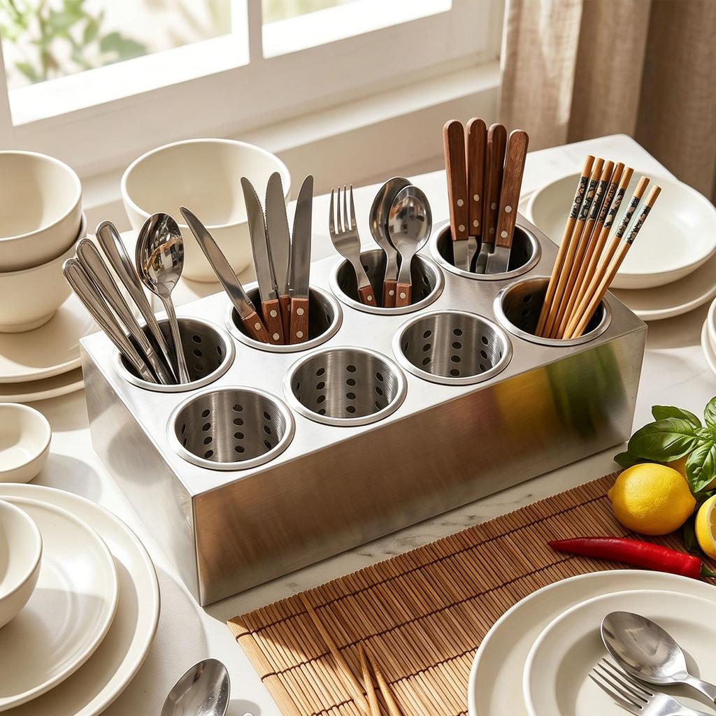 Stainless Steel Cylinder Flatware , 8 Compartment Utensil Holder, Versatile Silverware Holder for Spoons Forks Chopsticks, Kitchen Countertop